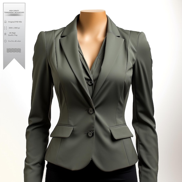 A charcoal gray blazer with a minimalist design and asymmetrical details on transparent background