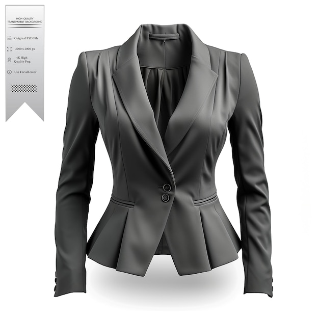 PSD a charcoal gray blazer with a minimalist design and asymmetrical details on transparent background