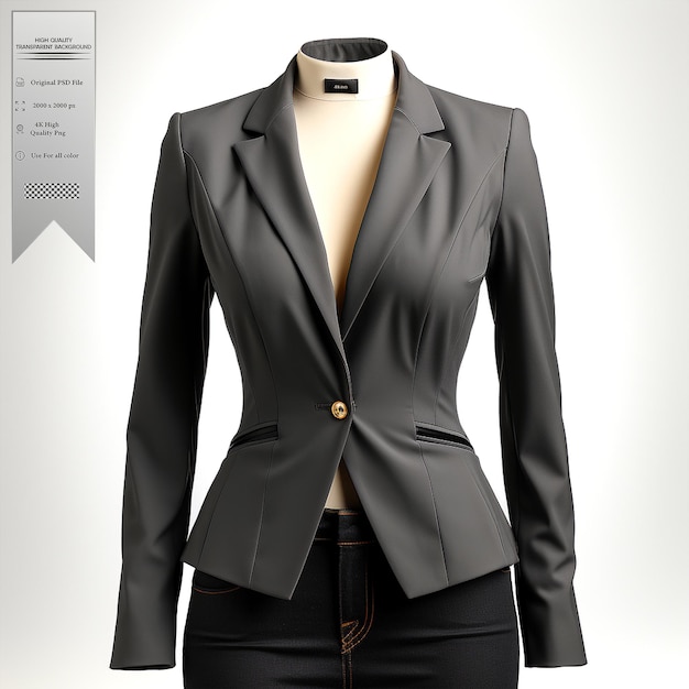 PSD a charcoal gray blazer with a minimalist design and asymmetrical details on transparent background