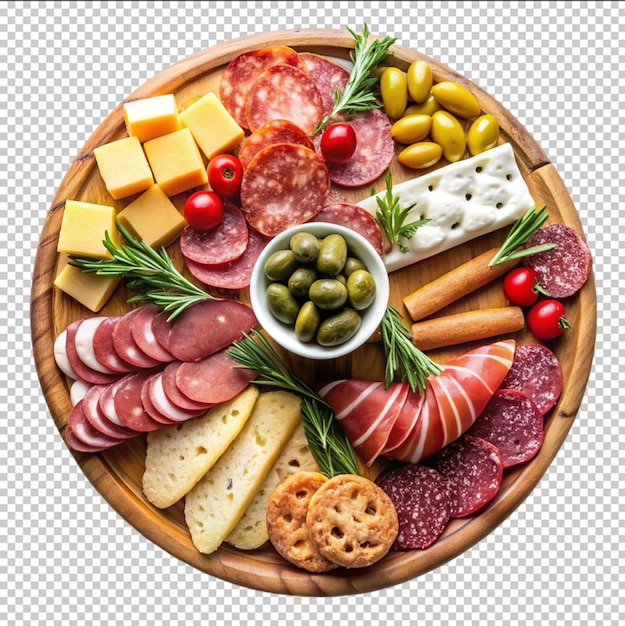 Charcuterie board with cold cuts fresh fruits and cheese on a picnic cloth