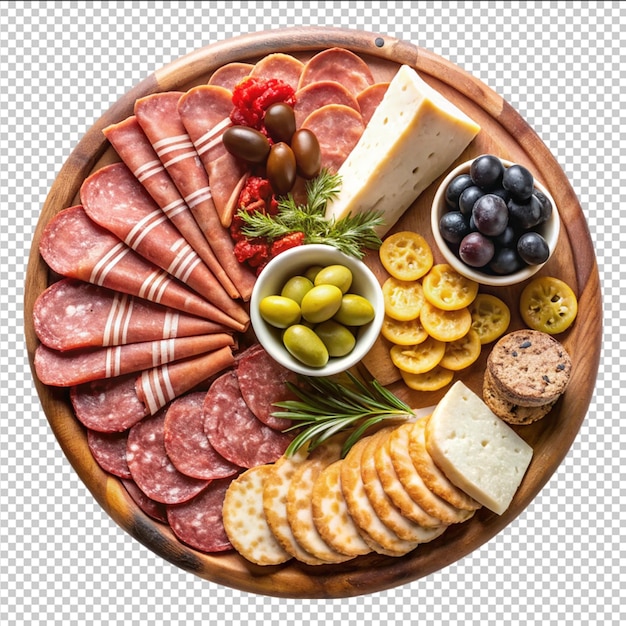 Charcuterie board with cold cuts fresh fruits and cheese on a picnic cloth