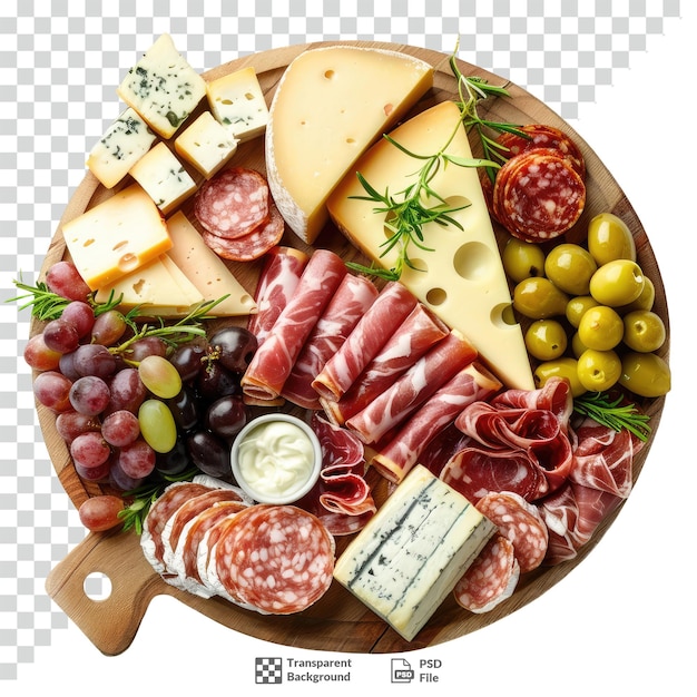 PSD charcuterie board with various cheeses and meats transparent background