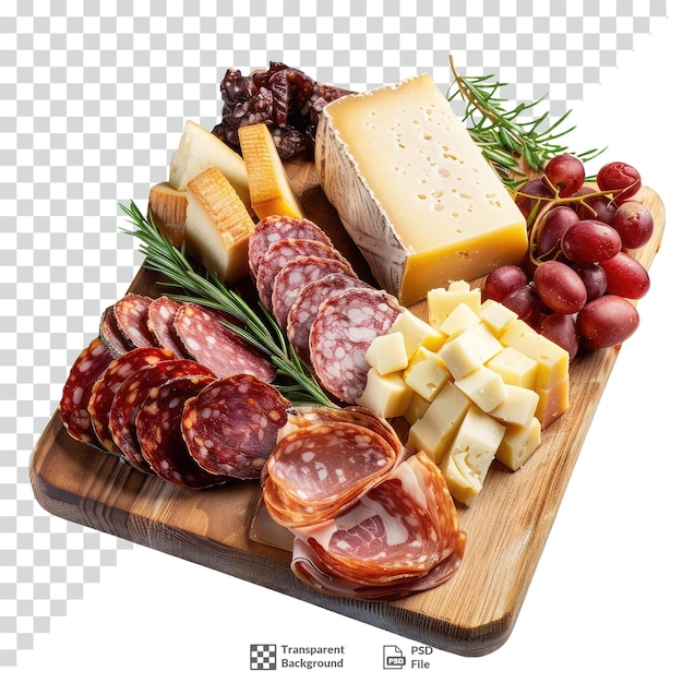 PSD charcuterie board with various cheeses and meats transparent background