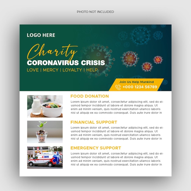 Charity fund collection square flyer or social media post for coronavirus crisis