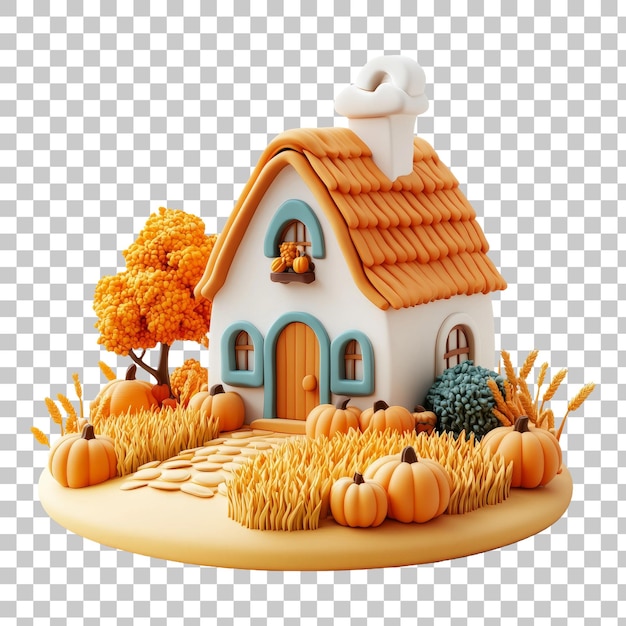 PSD charming autumn cottage amidst pumpkin field digital illustration