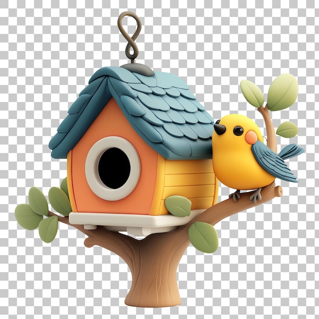 PSD charming birdhouse with cute bird in whimsical cartoon style