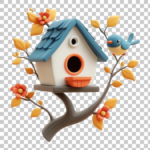 Charming Blue Birdhouse with Orange Accents and Bird on Tree Branch