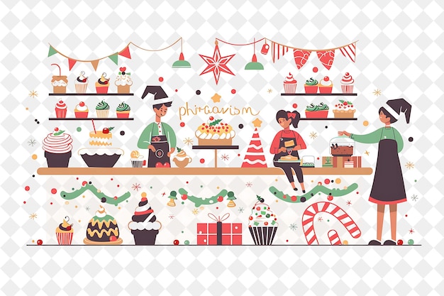 Charming Christmas Bakery With Bakers and Pastry Chefs Makin Illustration Christmas Art Design