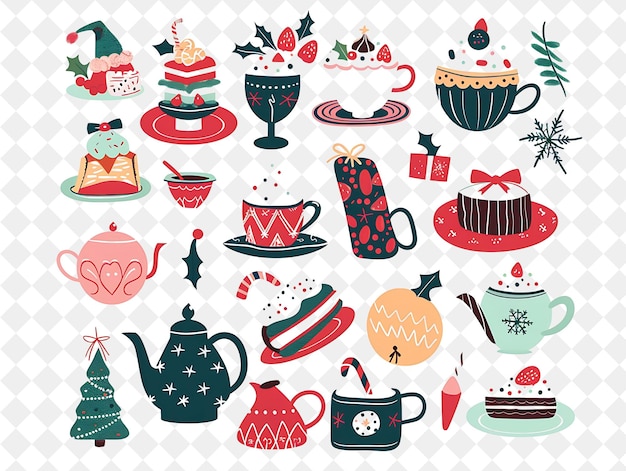 PSD charming christmas tea party with guests and teacups design illustration christmas art design