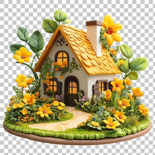 Charming Cottage in a Fairy Tale Garden with Vibrant Yellow Flowers