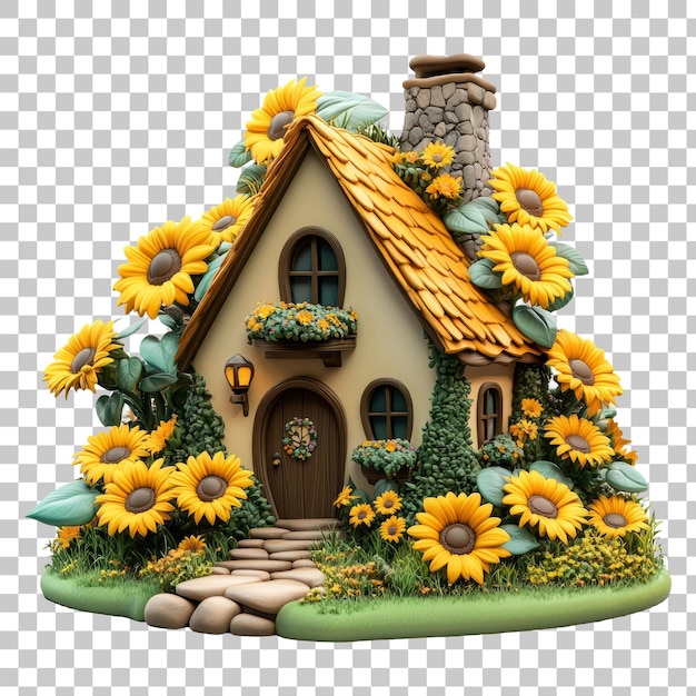 Charming Cottage Surrounded By Bright Sunflowers and Lush Greenery with Stone Path