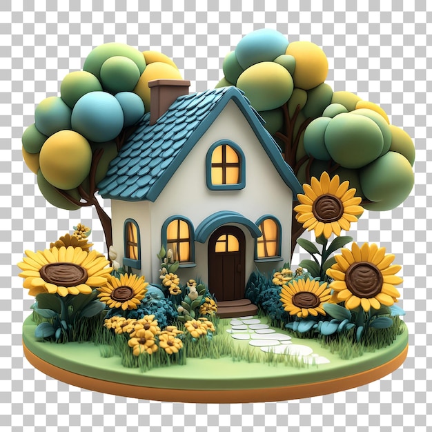 Charming Cottage with Colorful Garden and Sunflowers in Pastel Style