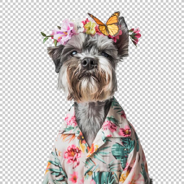 PSD charming dog with a flower crown and hawaiian shirt isolated on transparent background