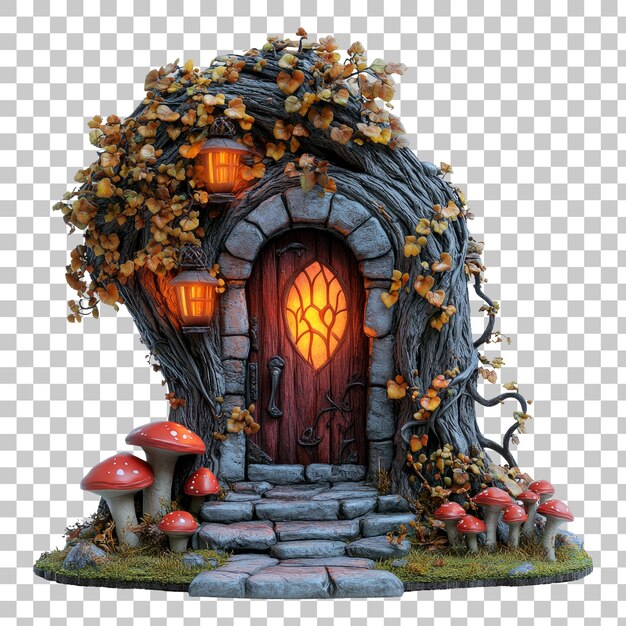 PSD charming enchanted door in tree with lanterns and mushrooms in autumn