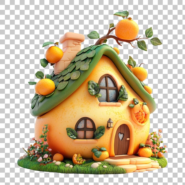 Charming Fairy Tale Orange House with Lush Green Roof and Whimsical Garden