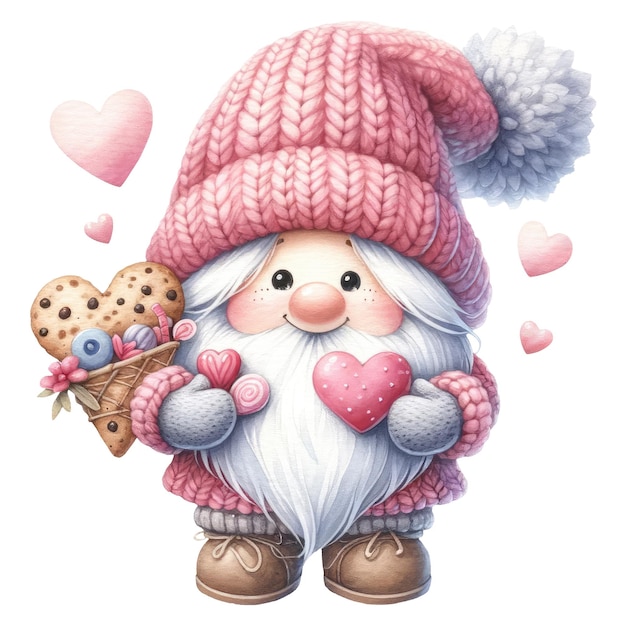 Charming Gnome Holding Heartshaped Cookie Valentine Watercolor Clipart Illustration