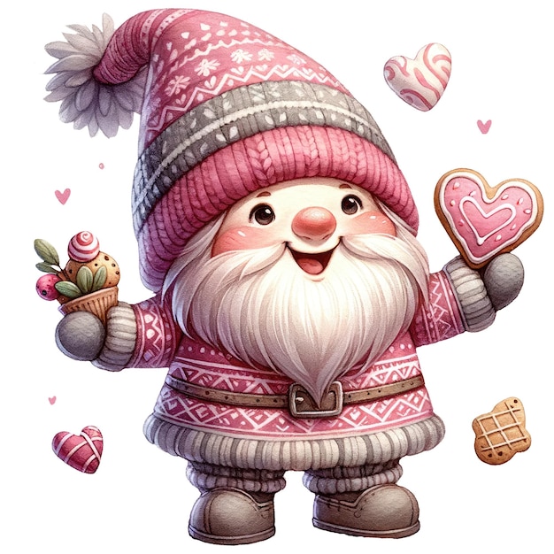 Charming Gnome Holding Heartshaped Cookie Valentine Watercolor Clipart Illustration