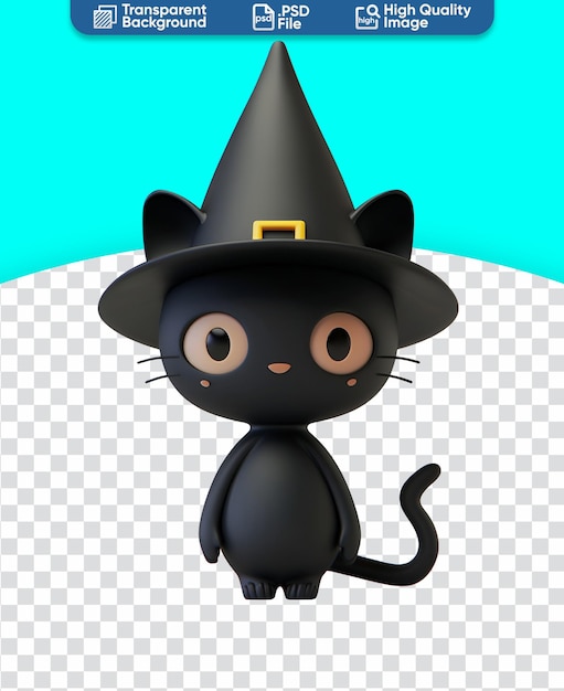 PSD charming kitten in witch hat 3d rendered chibi cartoon for halloween