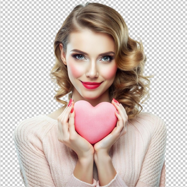 PSD charming lady holding heart isolated on transparent background