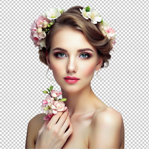 PSD charming lady refined female figure open shoulders soft pastel colors blush on the cheeks femininity romanticism tenderness blossom isolated on transparent background