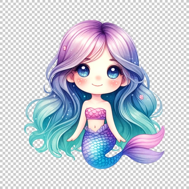 Charming mermaid with flowing blue hair isolated on transparent background