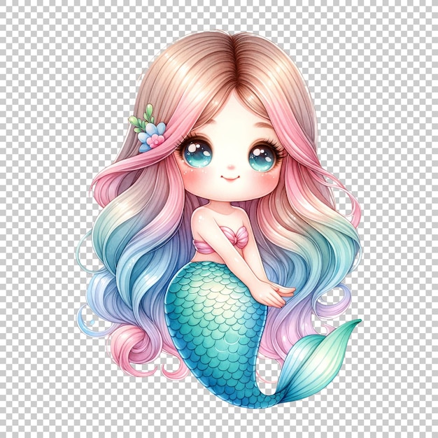 Charming mermaid with multicolored hair and floral decorations isolated on transparent background