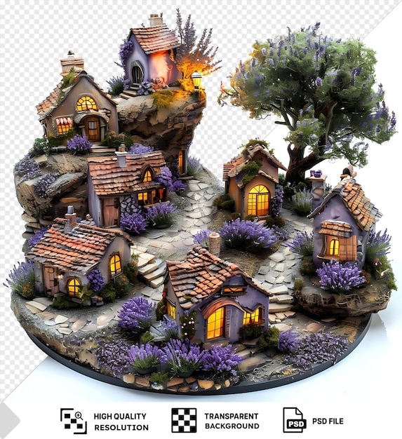 PSD charming miniature village nestled on a rock with lavender flowers against a transparent background