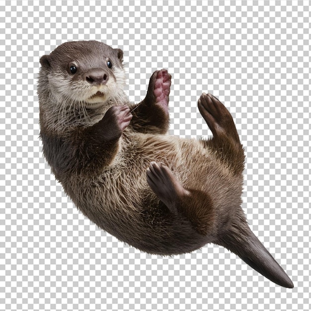 PSD charming otter floating on its back isolated on transparent background