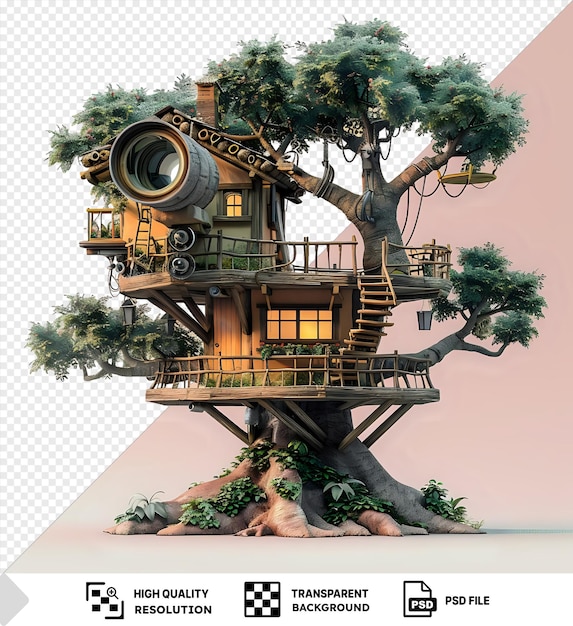 A Charming Treehouse with a Camera Lens Roof Built High in a Lush Green Tree Against an Isolated Background