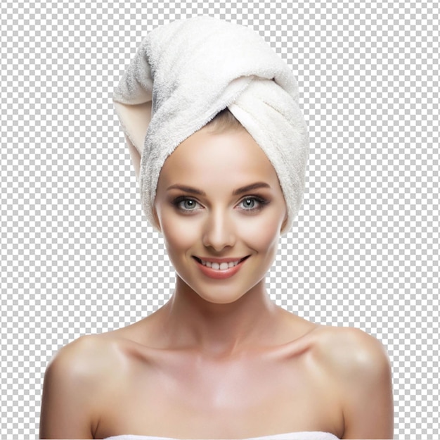 Charming woman with towel after shower isolated on transparent background