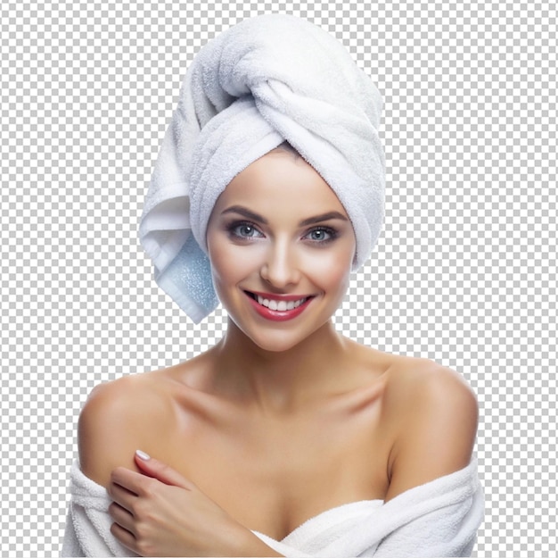 PSD charming woman with towel after shower isolated on transparent background