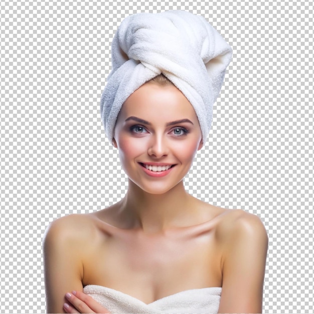 Charming woman with towel after shower isolated on transparent background