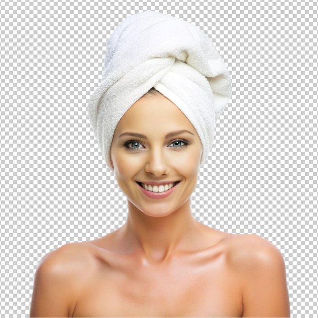 Charming woman with towel after shower isolated on transparent background