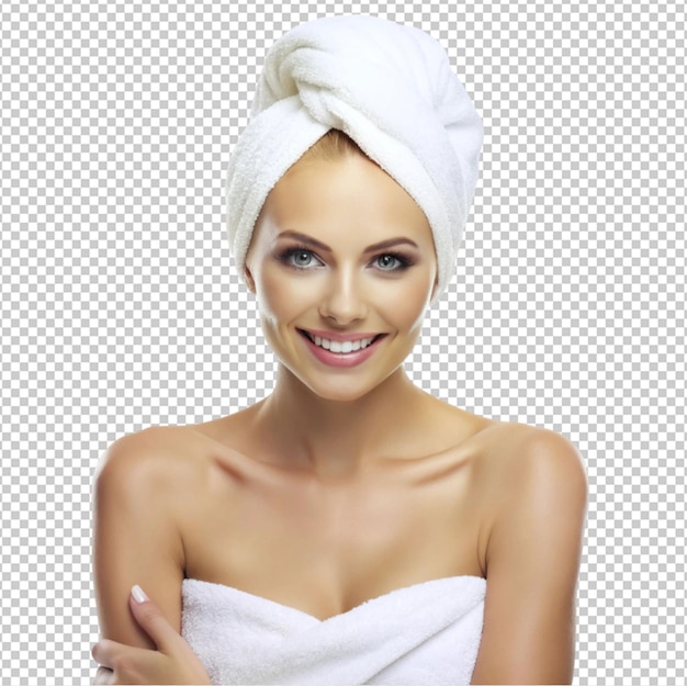 Charming woman with towel after shower isolated on transparent background