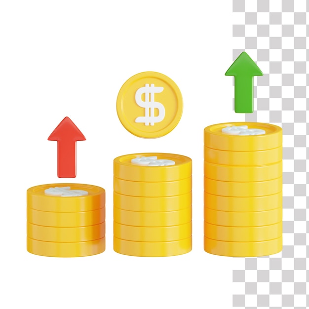 A chart of gold coins with a dollar and a red arrow pointing up to the bottom.