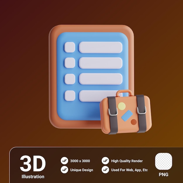 Check list travel kit 3D Illustration