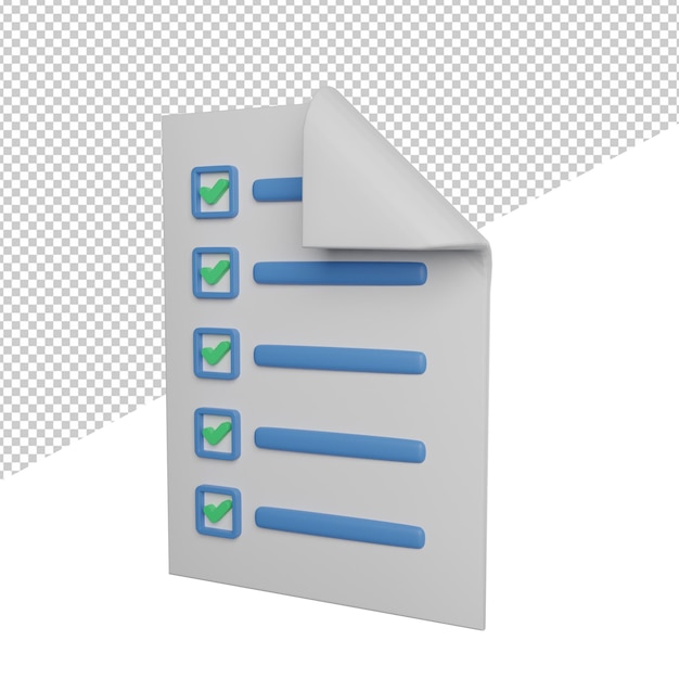 Checklist document side view 3d illustration rendering icon transparent background