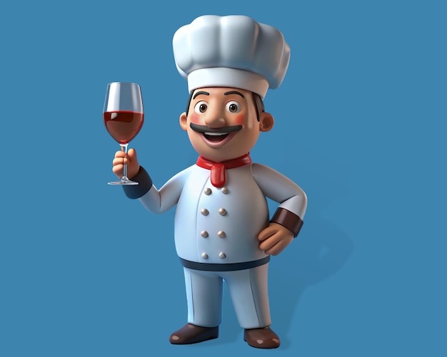 PSD cheerful 3d chef character holding wine glass