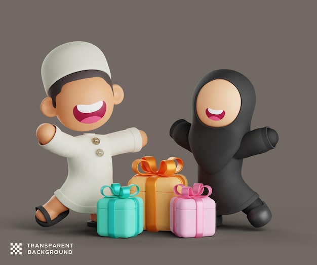 Cheerful 3D Muslim Couple Celebrating with a Pile of Gifts in Front of Them