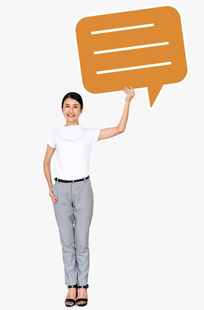 PSD cheerful asian woman holding a speech bubble symbol