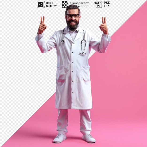 A cheerful bearded doctor in uniform with stethoscope and glasses showing a Vsign in front of a pink background