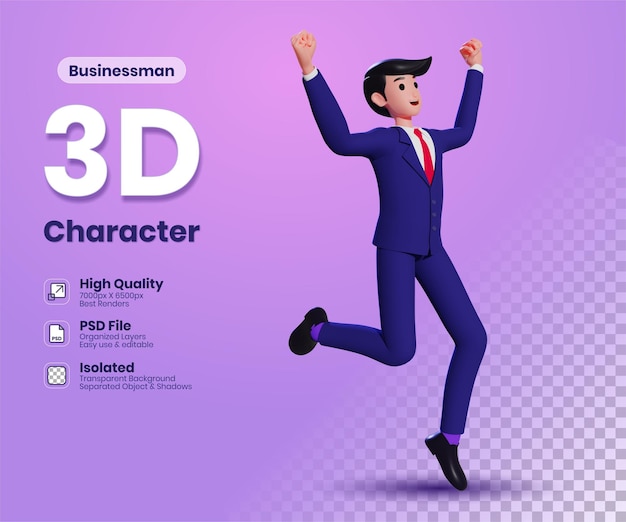 Cheerful businessman jumping in the air celebrating success and raising up arms 3d illustration