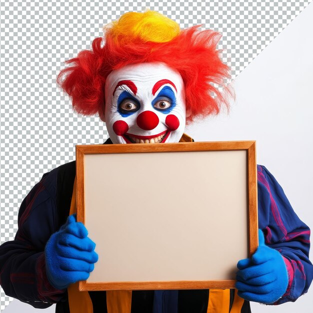 PSD a cheerful clown with bright hair holding a blank board ready for messages or announcements against a clean white background clown with blank board isolated on white background