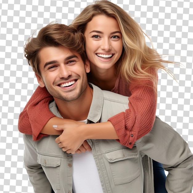 Cheerful couple boyfriend giving her piggy back ride isolated on transparent background PSD