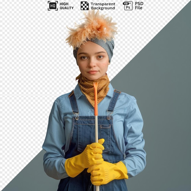 PSD a cheerful female cleaner in uniform holds a feather duster smiling at the camera