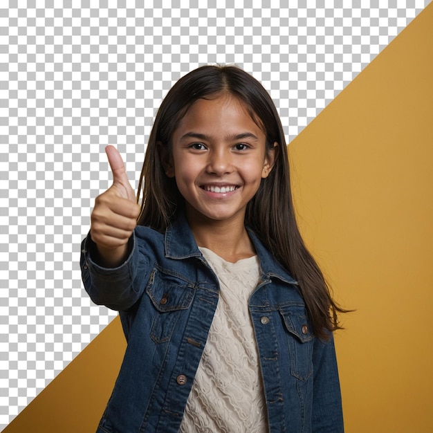 Cheerful girl thumbs up denim outfit with transparent background