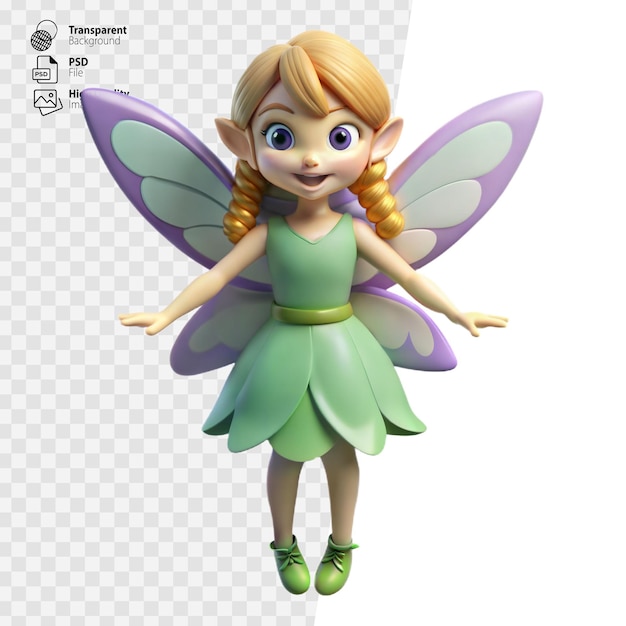 PSD cheerful green fairy with butterfly wings in 3d render