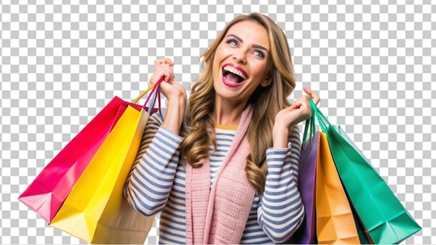 PSD cheerful happy woman enjoying shopping on transparent background