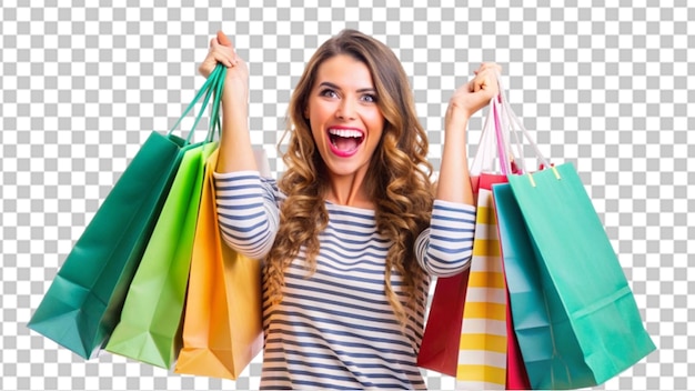 cheerful happy woman enjoying shopping on transparent background