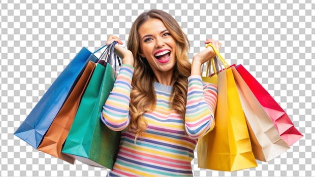 PSD cheerful happy woman enjoying shopping on transparent background